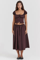 rich brown gathered midi skirt