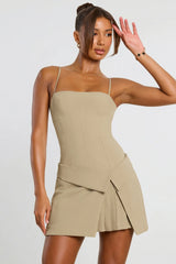 Woven Twill Wrap Over Pleated Mini Dress in Taupe