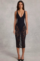 Sheer Lace Scalloped Plunge Bodysuit Midaxi Dress in Black