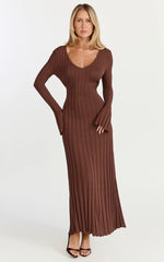 Astra Maxi Dress - V Neck Long Sleeve Knit Dress in Chocolate