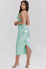 seafoam sequin corset midi dress