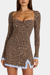 Modal Lace-Trim Long-Sleeve Mini Dress in Leopard