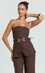 Goldie Top - Strapless Tie Waist Hardware Detail Top in Dark Chocolate