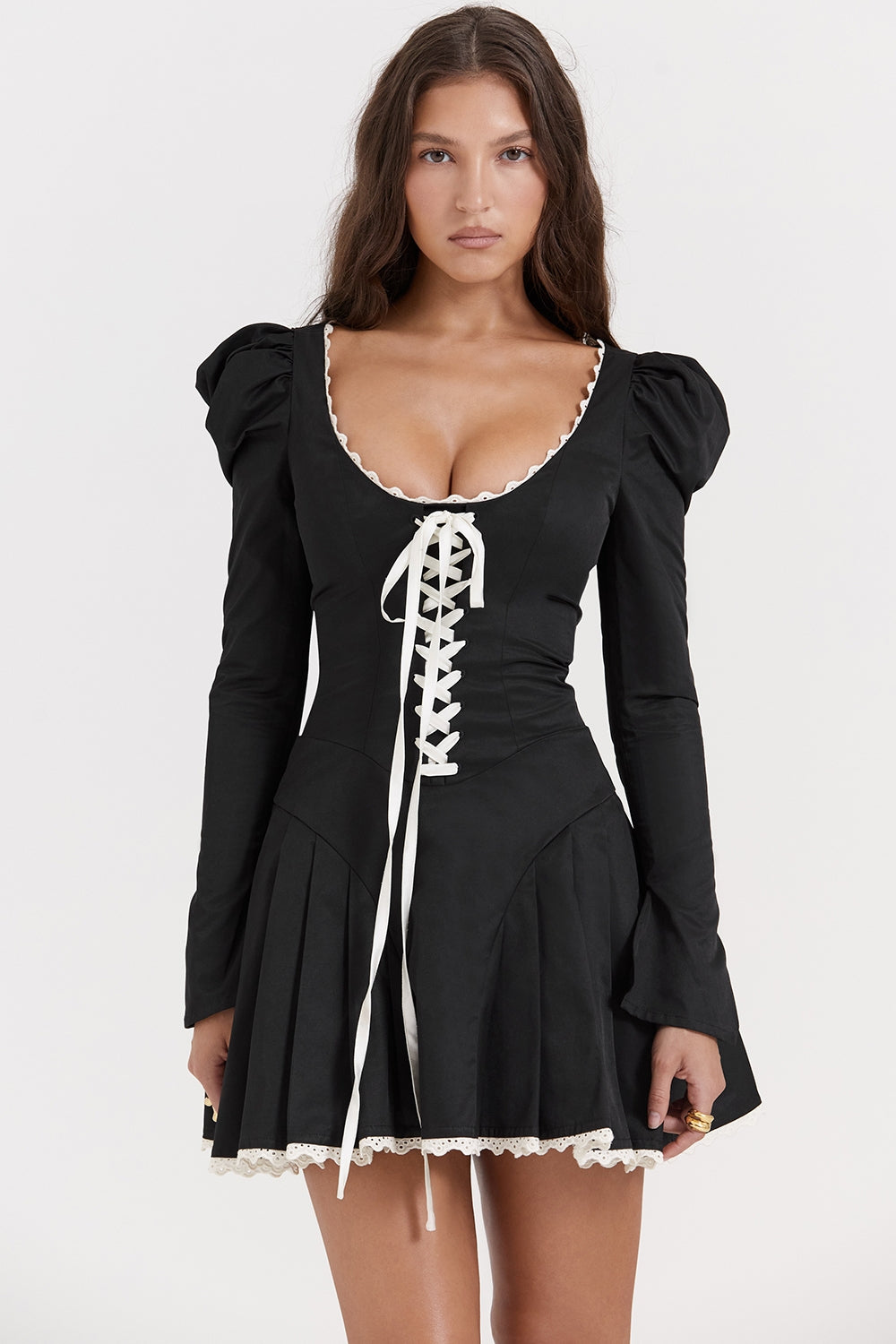 black & cream pleated mini dress