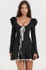 black & cream pleated mini dress