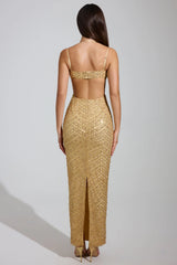 Embellished Cowl-Neck Maxi Dress in Gold