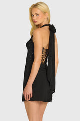 Sequin Lace Corset Mini Dress in Black