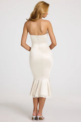 Satin Lace-Trim Bandeau Fluted Midaxi Dress in White