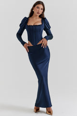 navy satin bias cut maxi skirt