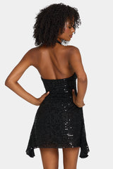 Embellished Draped Corset A-Line Mini Dress in Black