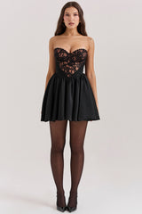black lace and satin strapless mini dress