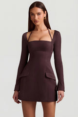 Pinstripe Structured A-Line Mini Dress in Chocolate Brown