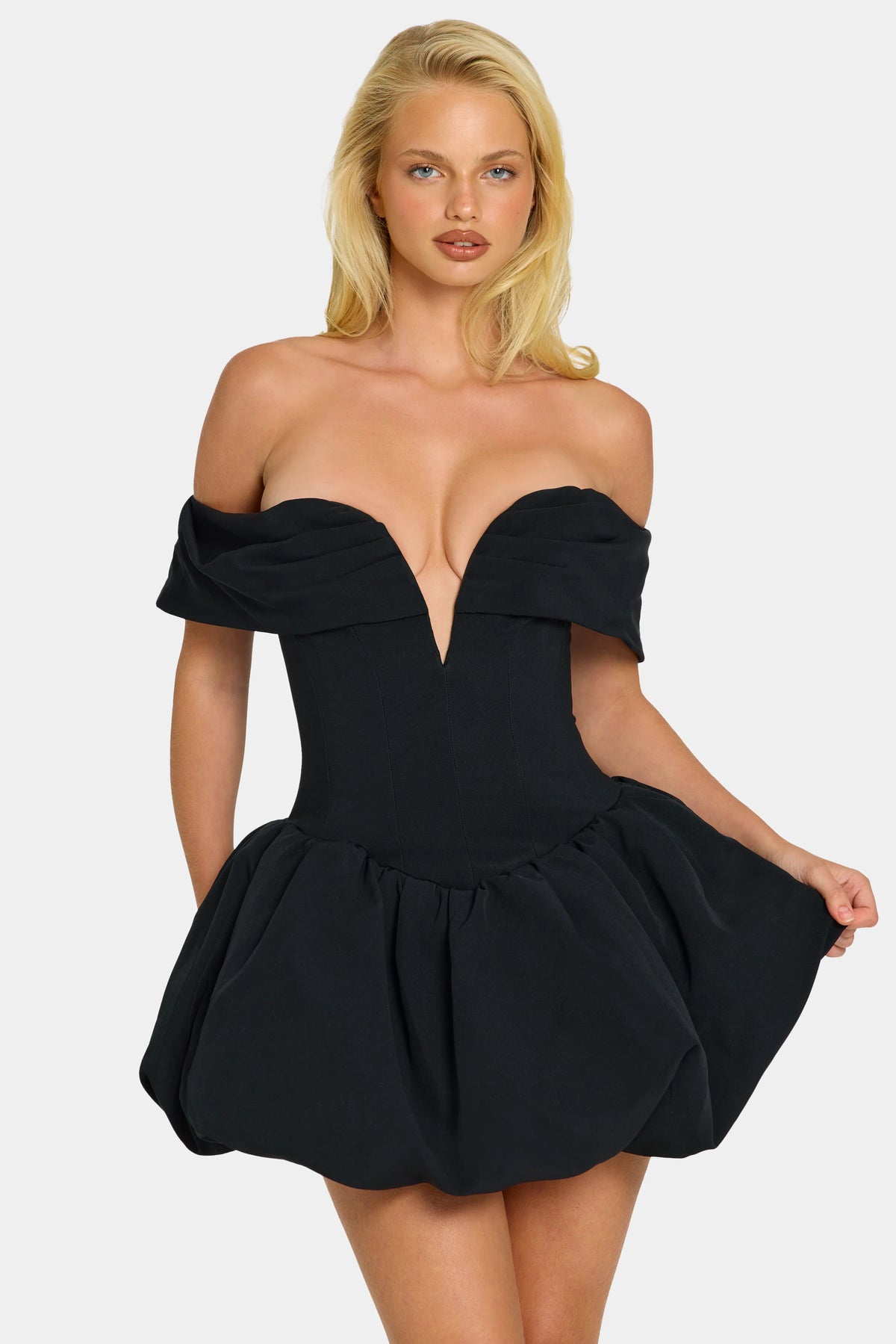 Off-Shoulder Layered Bubble Hem Corset Mini Dress in Black