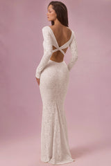 Lace Long-Sleeve Maxi Dress in Pearl