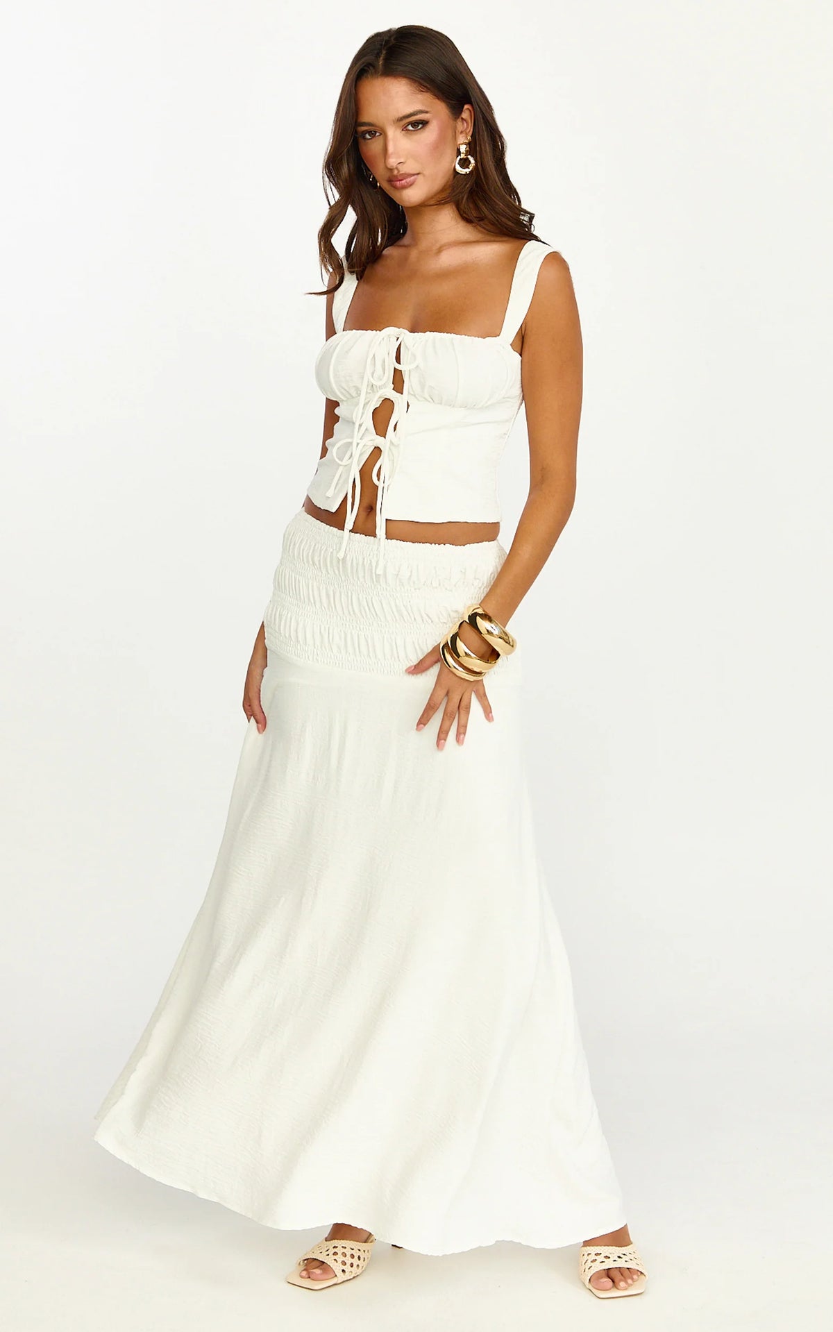Bianca Midi Skirt - Shirred Yoke Circle Hem Skirt in White
