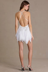 Chiffon Plunge-Neck Open-Back Mini Dress in Snow