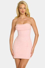 Embellished Strapless Cowl Neck Mini Dress in Blush
