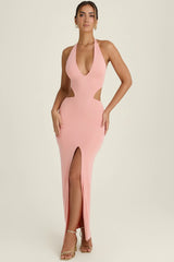 Cut-Out Halterneck Maxi Dress in Apricot Pink