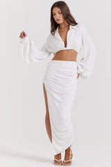 white plunge blouson top
