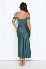 Out Tonight Edit Off Shoulder Mesh Satin Maxi Dress Teal