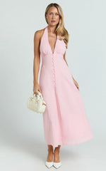 Beata Midi Dress - Plunge Halter A Line Dress in Pink
