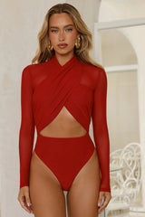 Twist Of Luxe Mesh Long Sleeve Bodysuit Red