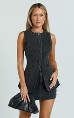 Rhianna Top - Button Down Longline Recycled Denim Vest Top in Black