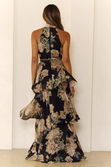 Bloom Soiree Halter Crop Tiered Maxi Set Black