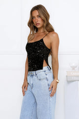 Sparkling Diamond Sequin Crop Top Black
