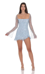 Sequin Flare Long Sleeve Dress in Light Blue