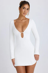 Cut-Out Long-Sleeve Mini Dress in White