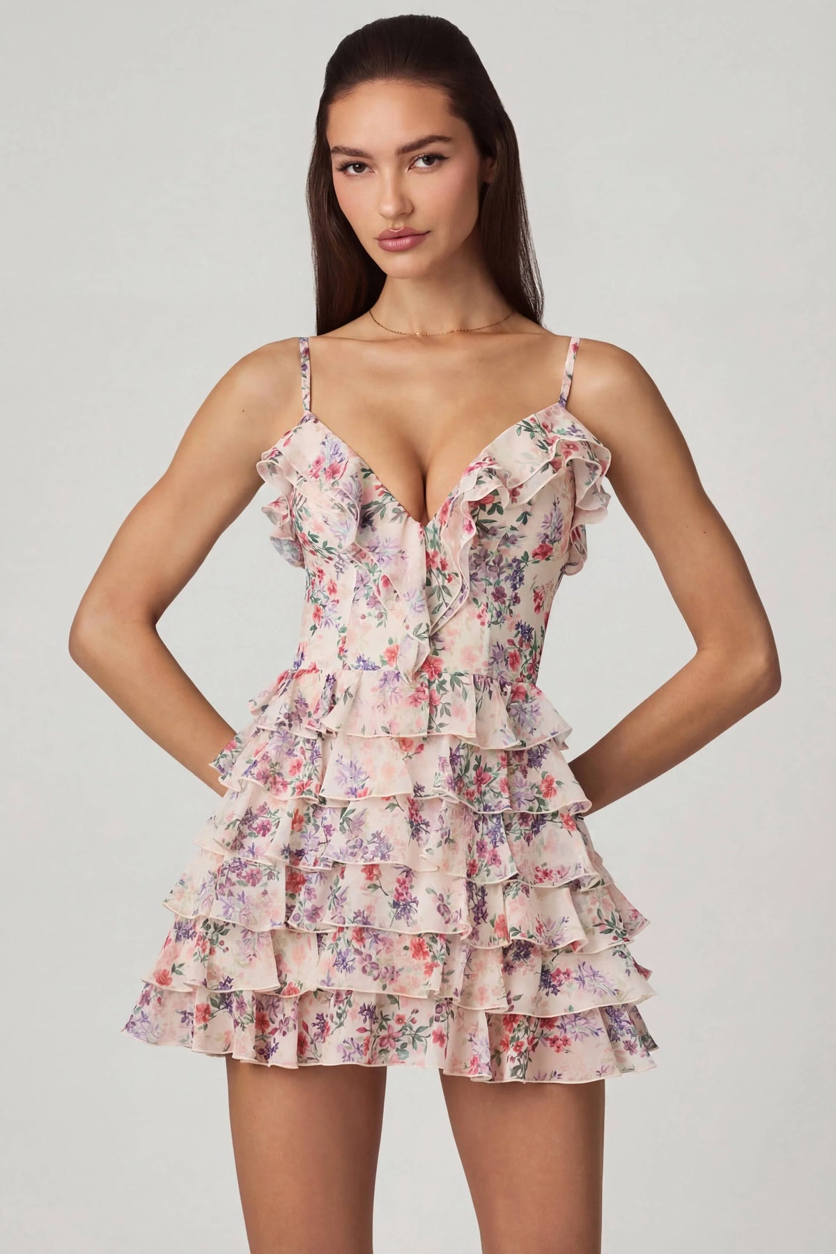 Ruffled Lace-Up A-Line Mini Dress in Primrose Floral Print
