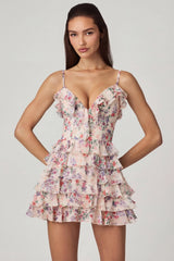 Ruffled Lace-Up A-Line Mini Dress in Primrose Floral Print