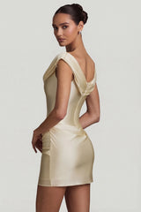 Satin Off-Shoulder Draped Mini Dress in Pearl