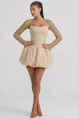 Embellished Bubble Hem Mini Dress in Gold