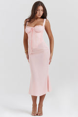 soft peach lace back midi dress