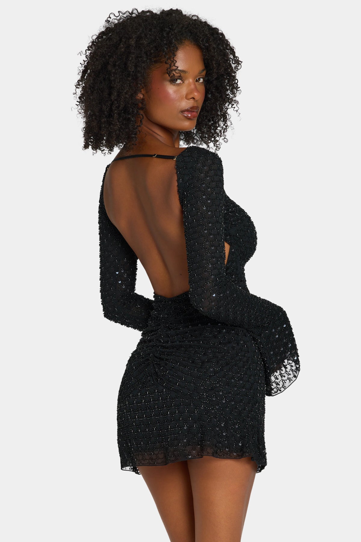 Embellished Open-Back A-Line Mini Dress in Black