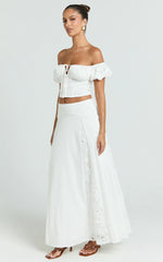 Belle Two Piece Set - Off Shoulder Top and Maxi Skirt Set in White