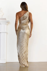 Metallic Pleated One Shoulder Crop Top Maxi Skirt Set Gold