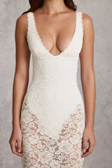 Sheer Lace Scalloped Plunge Bodysuit Midaxi Dress in White