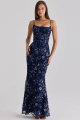 navy hand beaded embellished corset maxi dress