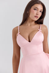 parisian pink satin a-line midi dress