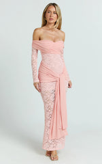 Sandra Midi Dress - Off The Shoulder Sash Bodycon Dress in Pink