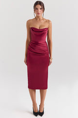 berry satin strapless midi dress