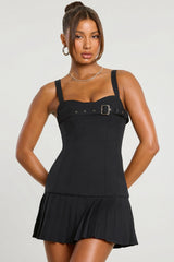 Brushed Twill Drop Waist Kilt Mini Dress in Black