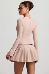 Long-Sleeve Pleated Mini Dress in Mushroom