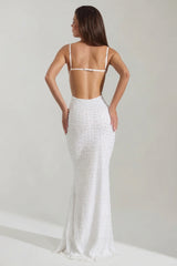 Embellished Cowl-Neck Backless Maxi Dress in White