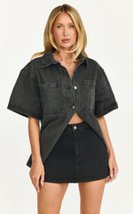 Iris Top - Oversized Recycled Denim Short Sleeve Shirt in Black