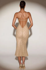 Metallic Lace Plunge-Neck Backless Midaxi Dress in Gold