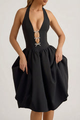 Halterneck Bow-Detail Midi Dress in Black